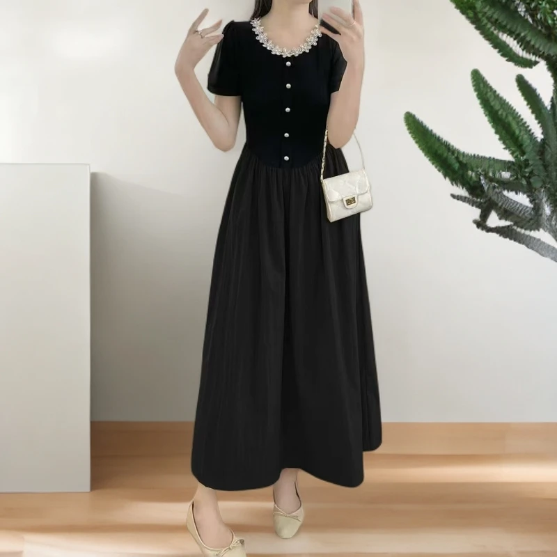 连衣裙短袖夏季长裙法式时尚收腰赫本风中长裙长款赫本风小黑裙
