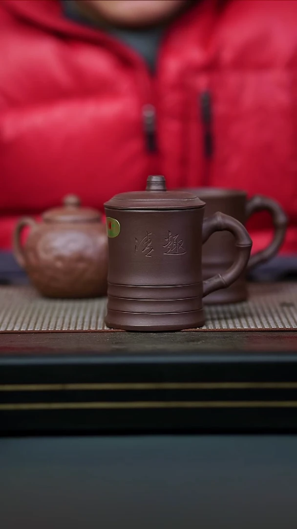 茶壶紫砂紫泥刻绘竹节盖杯