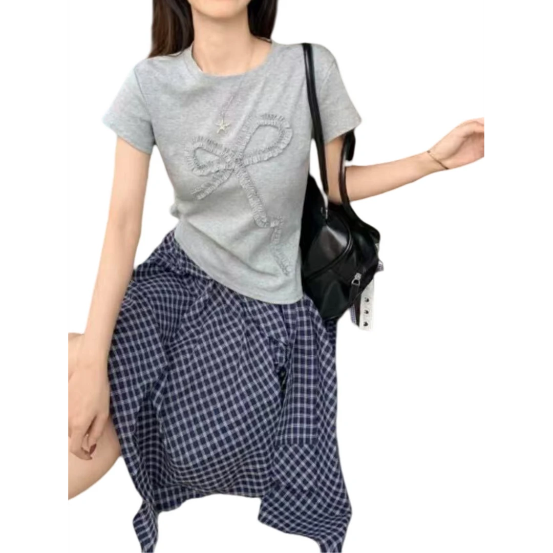 有莱头韩系蝴蝶结正肩短袖T恤女夏季小众修身短款甜辣妹上衣