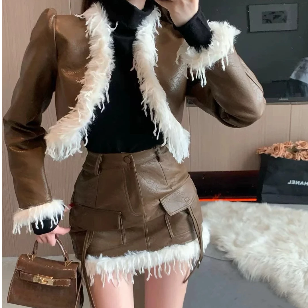 复古皮衣拼接毛毛坎肩外套搭高腰半裙两件套#D031