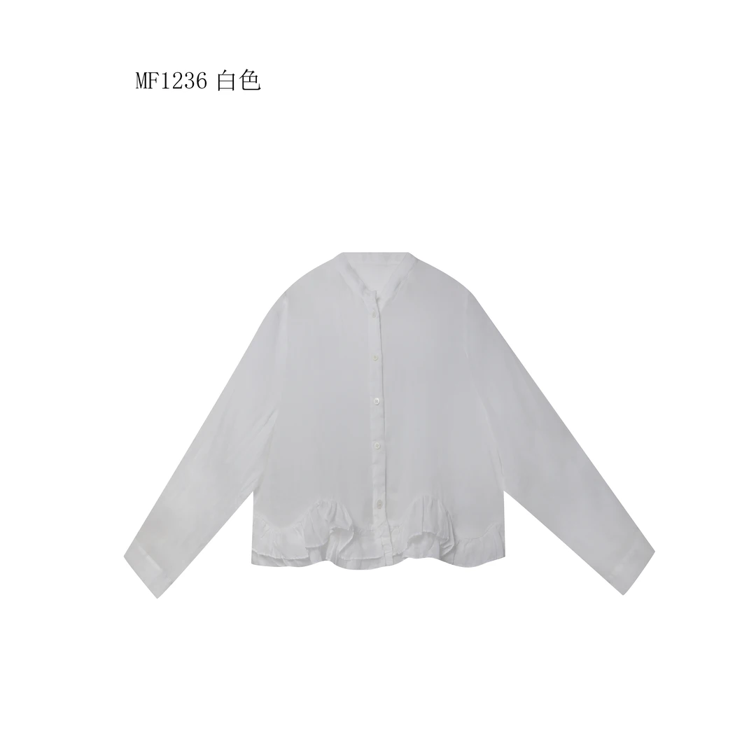 【麻訪家】MF1236白色文艺减龄荷叶边百搭长袖开衫上衣