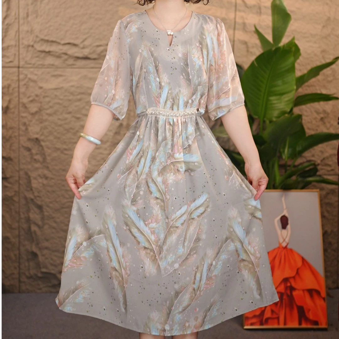 879夏季新款时尚气质显瘦女宽松连衣裙中长款收腰国风妈妈装裙子