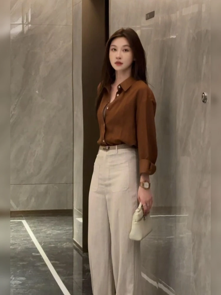 美拉德穿搭法式小资重要场合上衣高级感棕色翻领长袖衬衫女早秋季