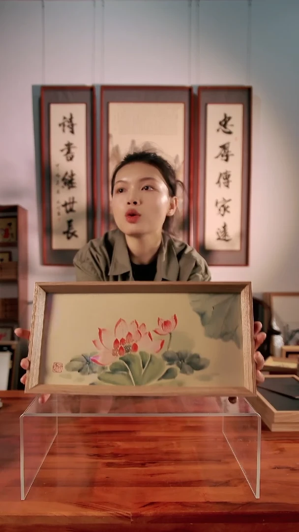 国画35*18cm手绘荷花客厅茶室书法摆台