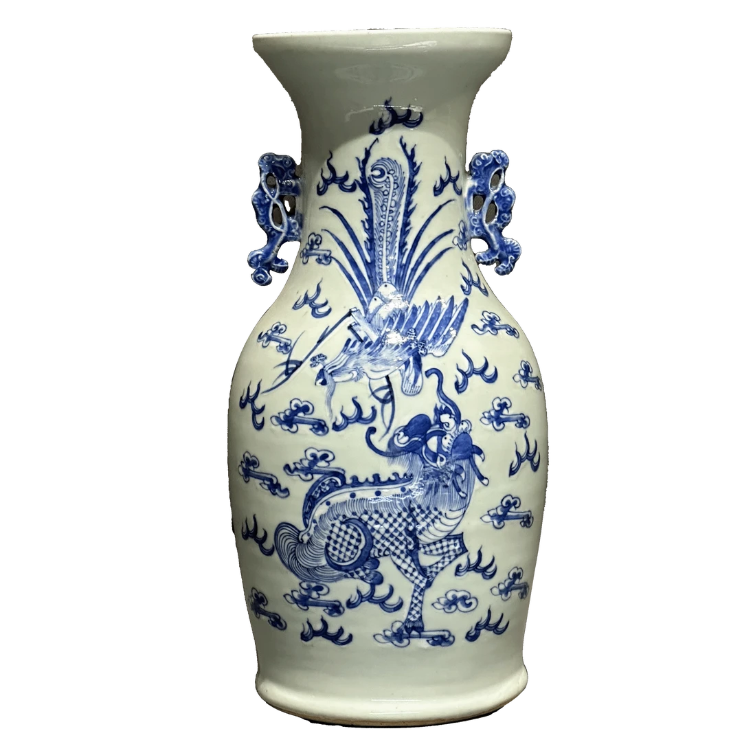 25011327y青花麒麟逗凤兽耳盘口瓶