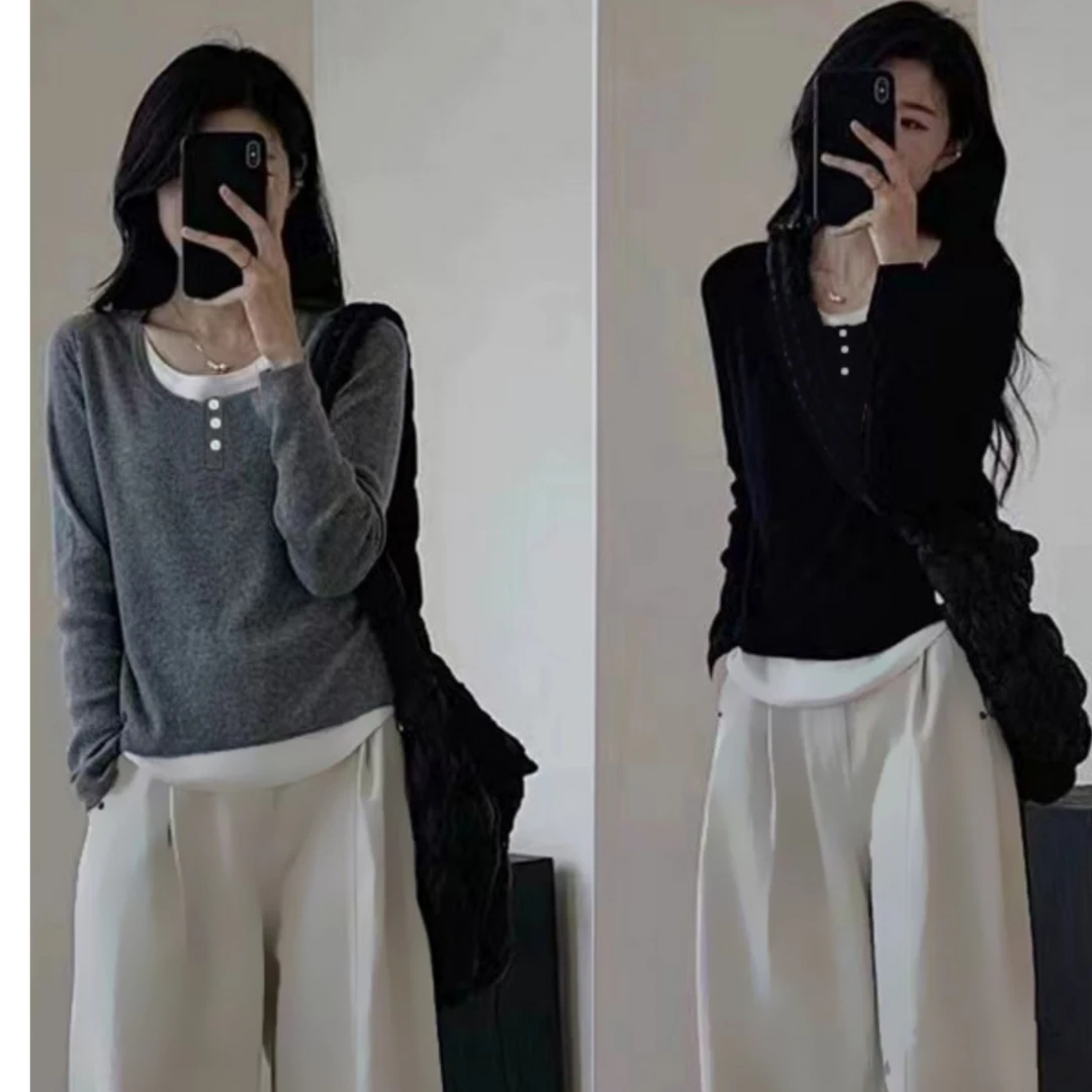 【品牌清仓】假两件长袖打底衫秋冬小个子撞色上衣修身内搭t恤9002