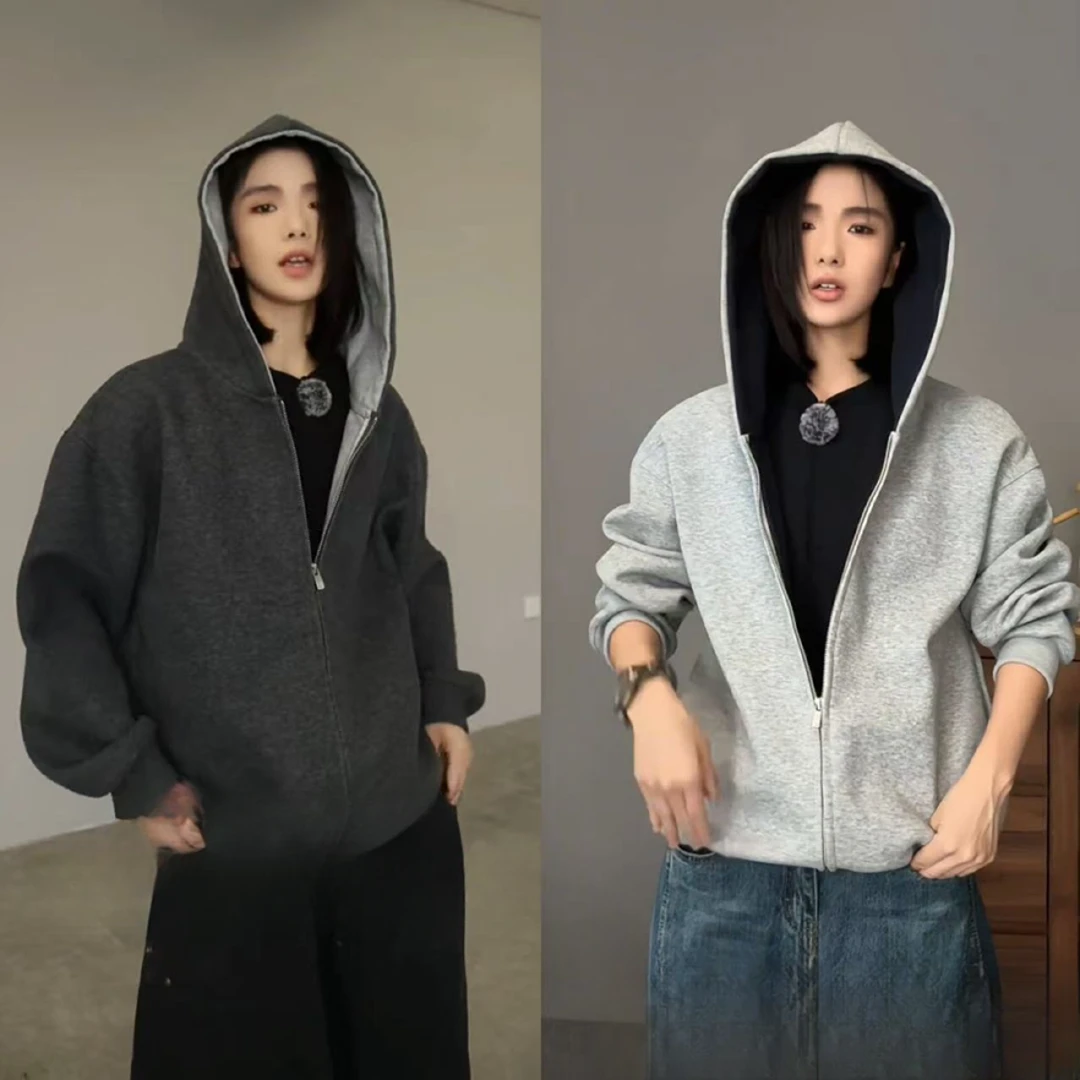 春秋新款重磅拼色连帽开衫卫衣男高级感简约时尚宽松百搭休闲外套