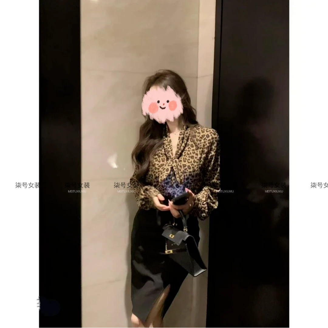 早春穿搭一整套时尚洋气豹纹V领长袖衬衫+高腰显瘦包臀开叉半身裙