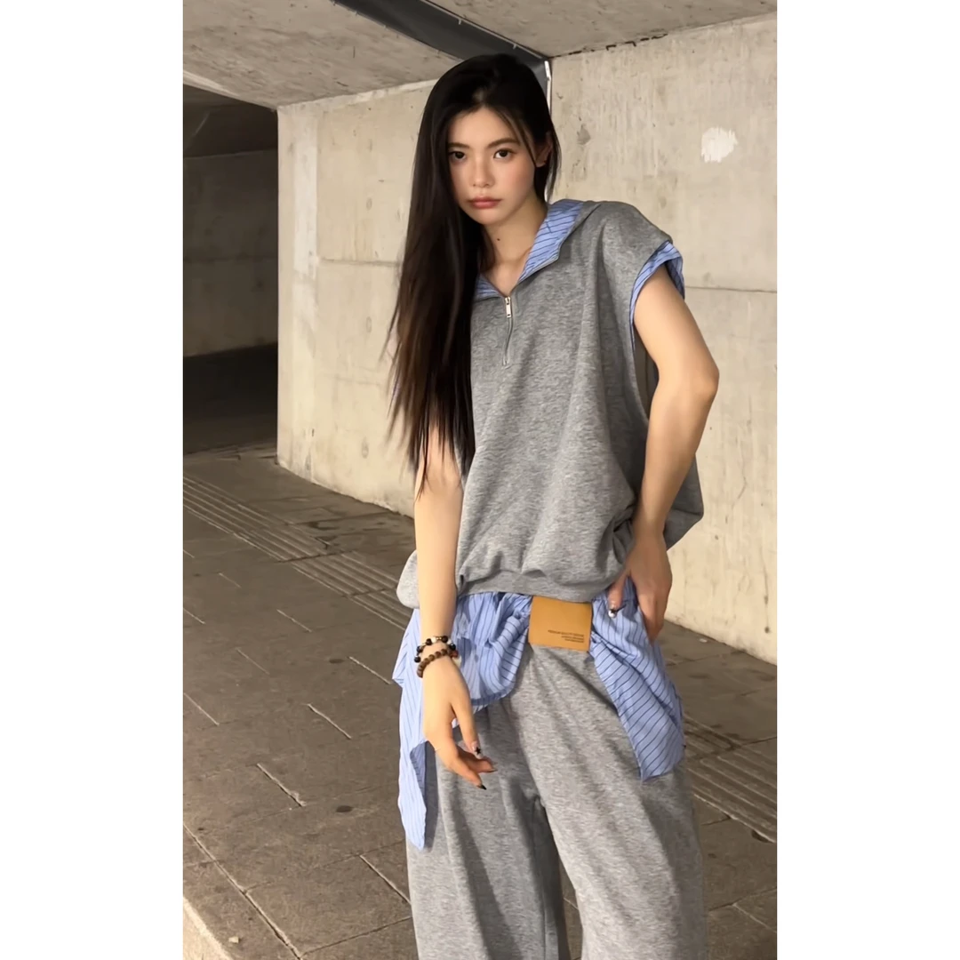 QIUYIDAODI夏季小众设计感假两件百搭情侣连帽无袖拼接衬衫套装