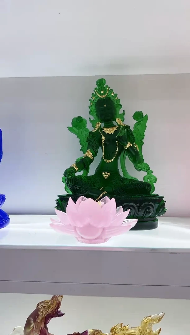 琉璃手工艺品古法琉璃30cm贴金绿度母加粉色莲花