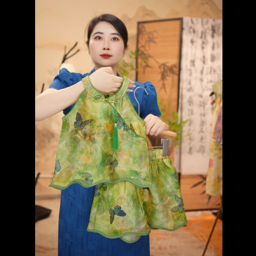 【翠蝶】浮光锦#女童新款国风复古新中式无袖民族风夏季套装