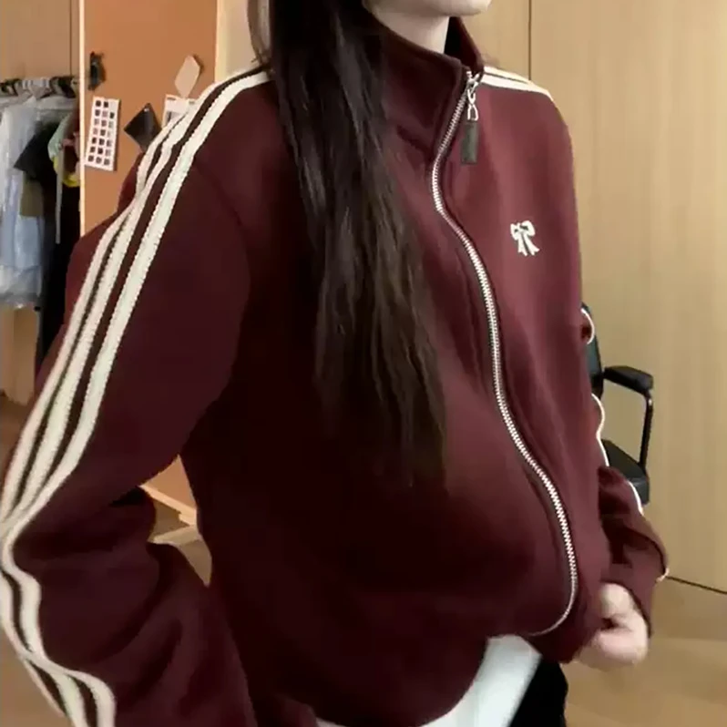 深红色拼接开衫立领卫衣女秋冬季美式宽松时尚洋气潮牌中长款外套