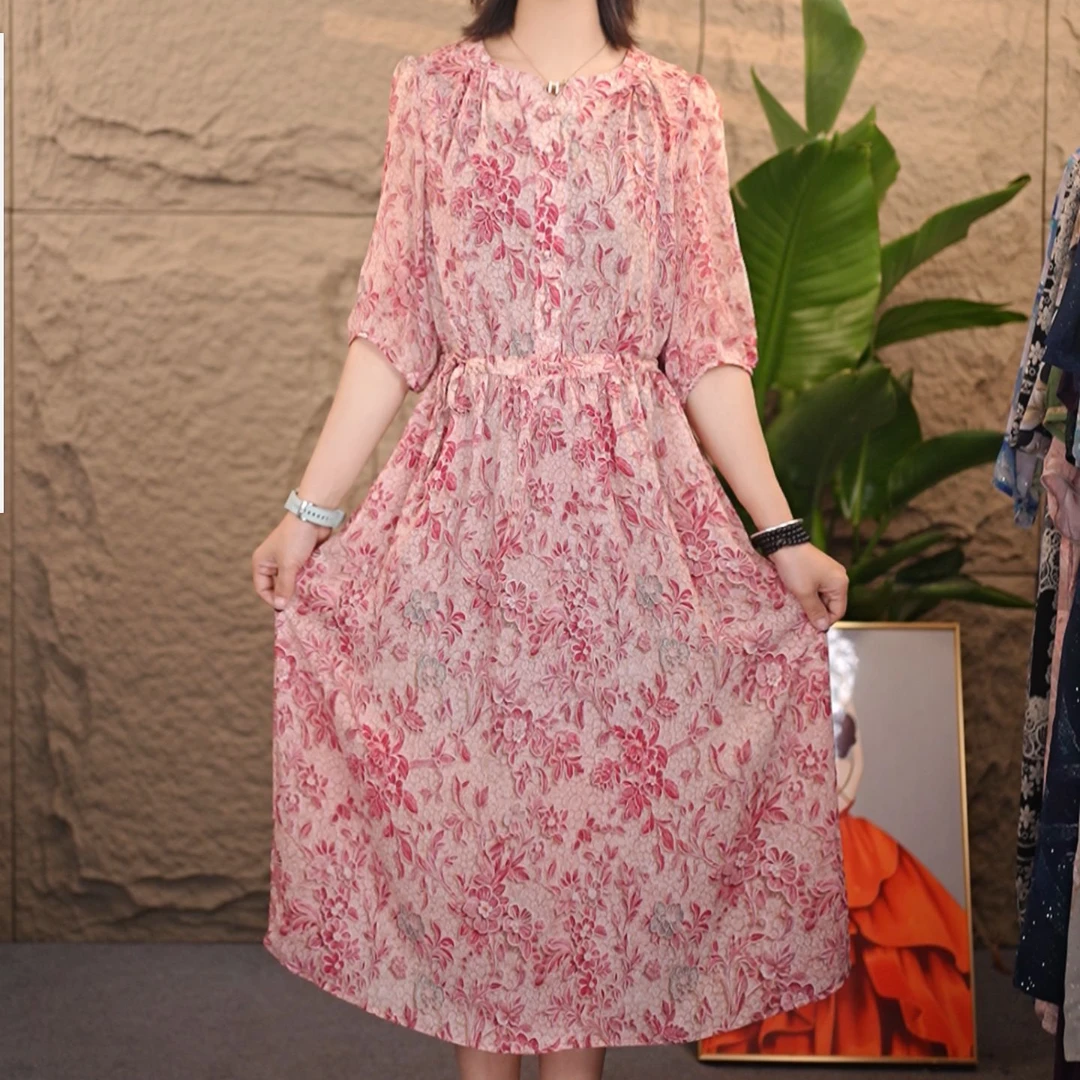 878夏季新款时尚气质显瘦女宽松连衣裙中长款收腰碎花妈妈装裙子
