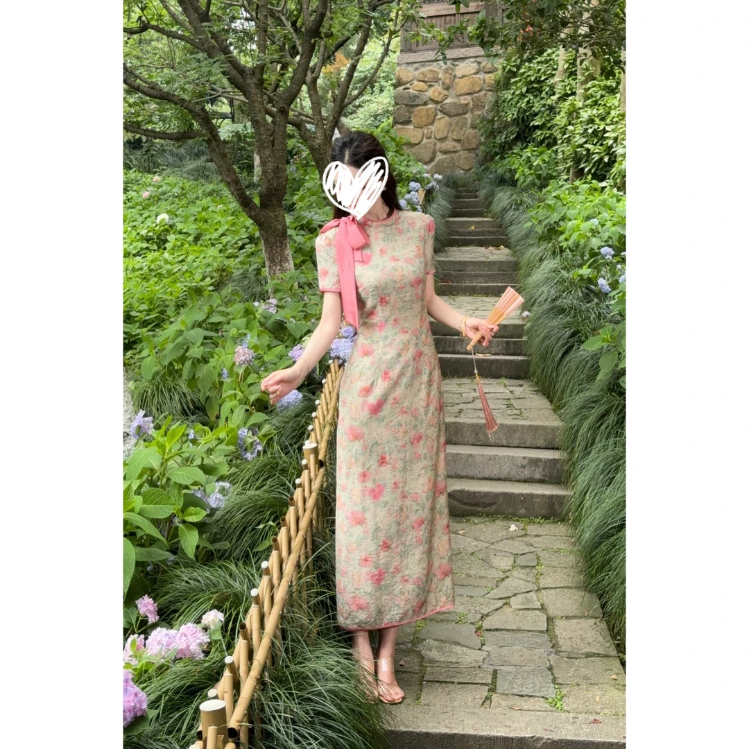 【粉栀】新中式气质风改良粉色旗袍碎花连衣裙女小众设计时尚高级感