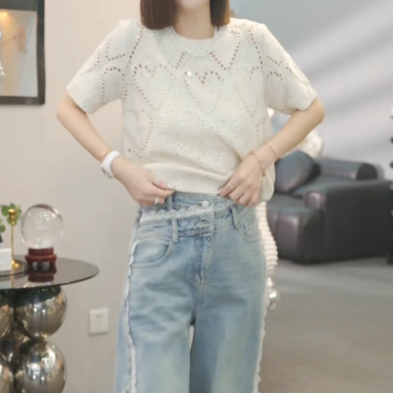 【含苞待放】2025早春新款时尚气质镂空套头短袖针织衫LK2501519