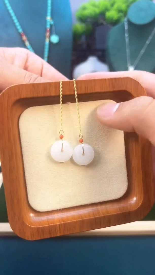 和田玉14K金镶嵌耳饰E136