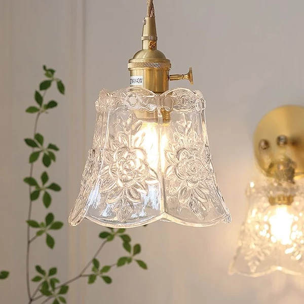 北欧卧室餐厅吧台民宿花朵日式复古雕花玻璃床头小吊灯