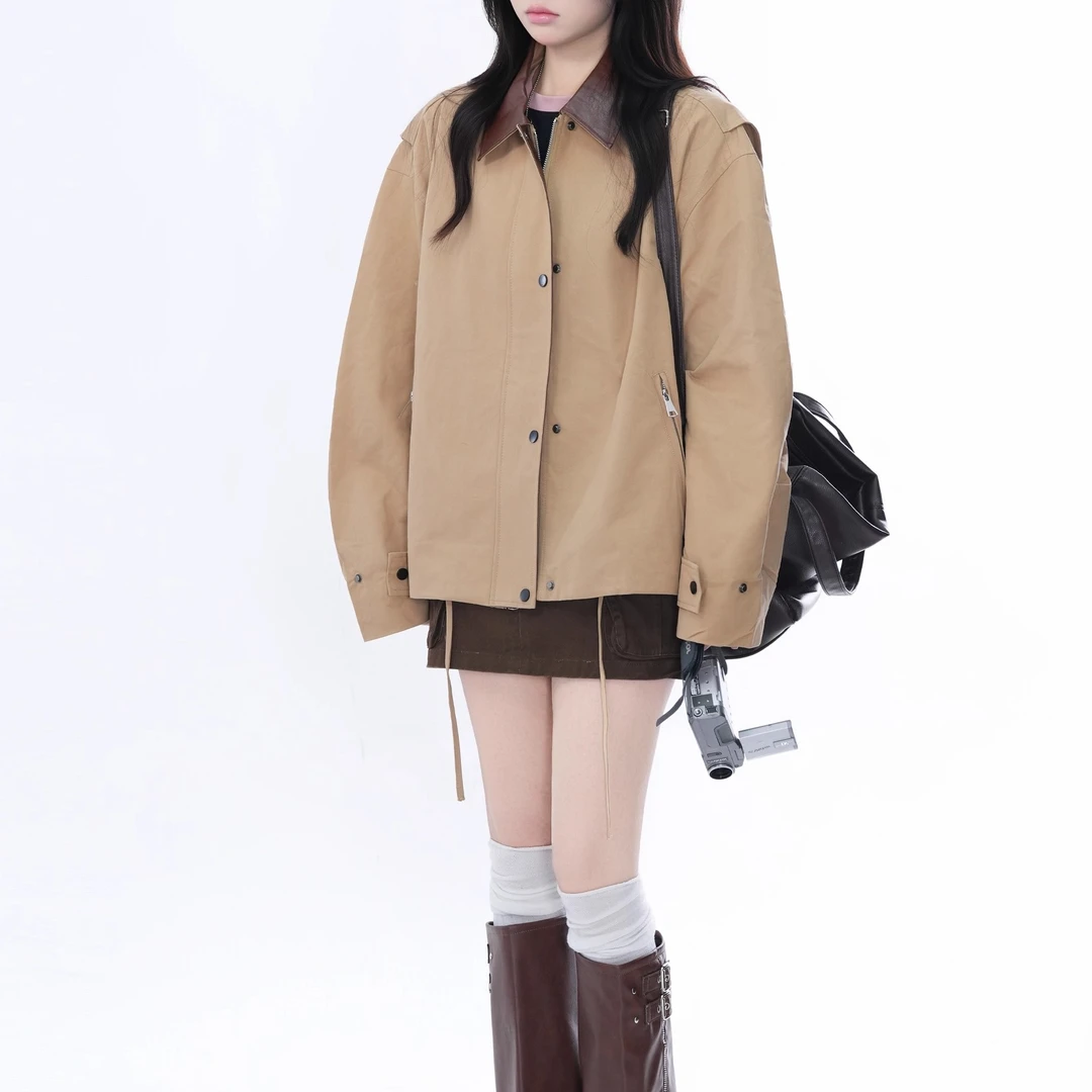 阿渔快跑 美式复古巴恩风拼皮翻领绣标夹克外套秋季男女休闲宽松