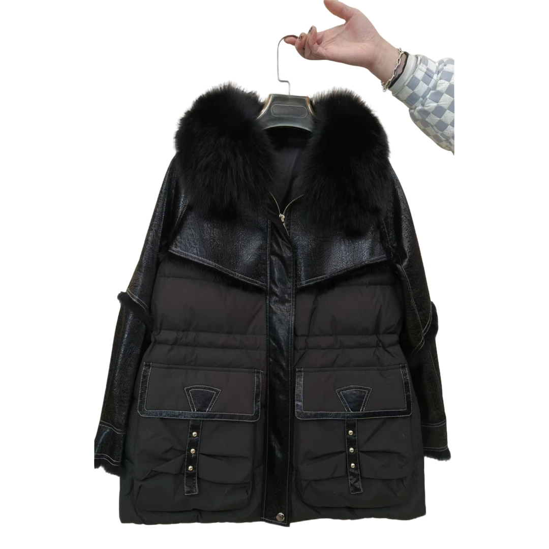 高级感海宁皮装冬季外套保暖显瘦兔一体拼鹅的绒8827