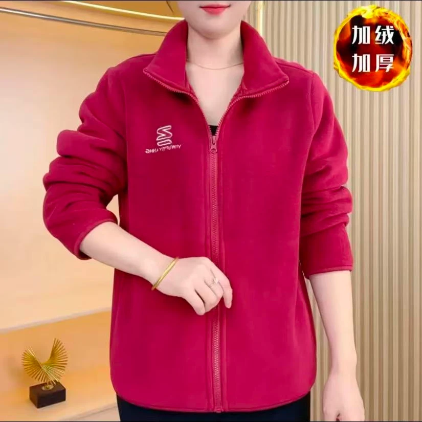 中老年女装冬季双面奥利绒外套妈妈新款时尚休闲立领保暖抓绒上衣