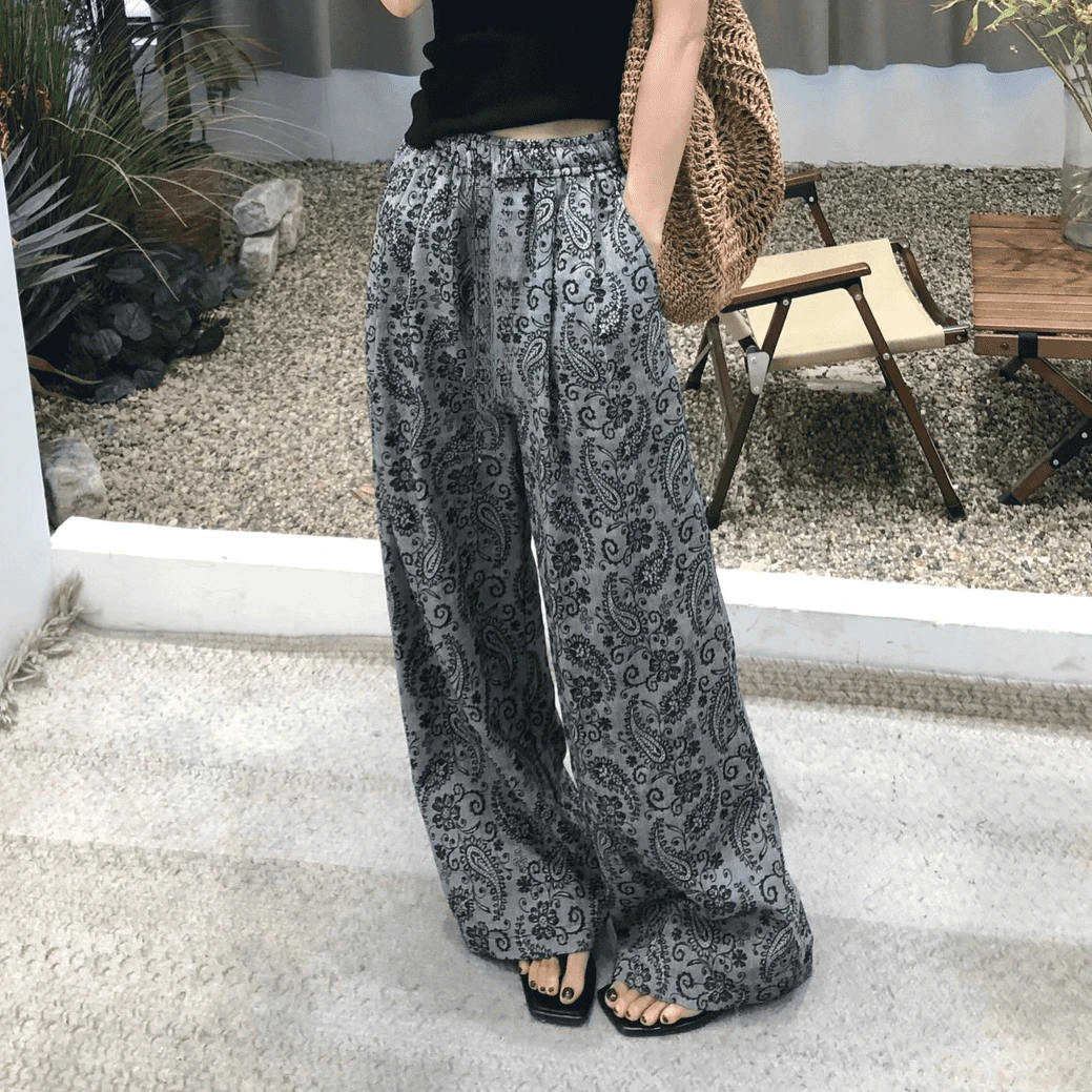 舒适复古腰果花小众买灰调休闲裤薄款百搭阔腿裤冰丝小个子宽松