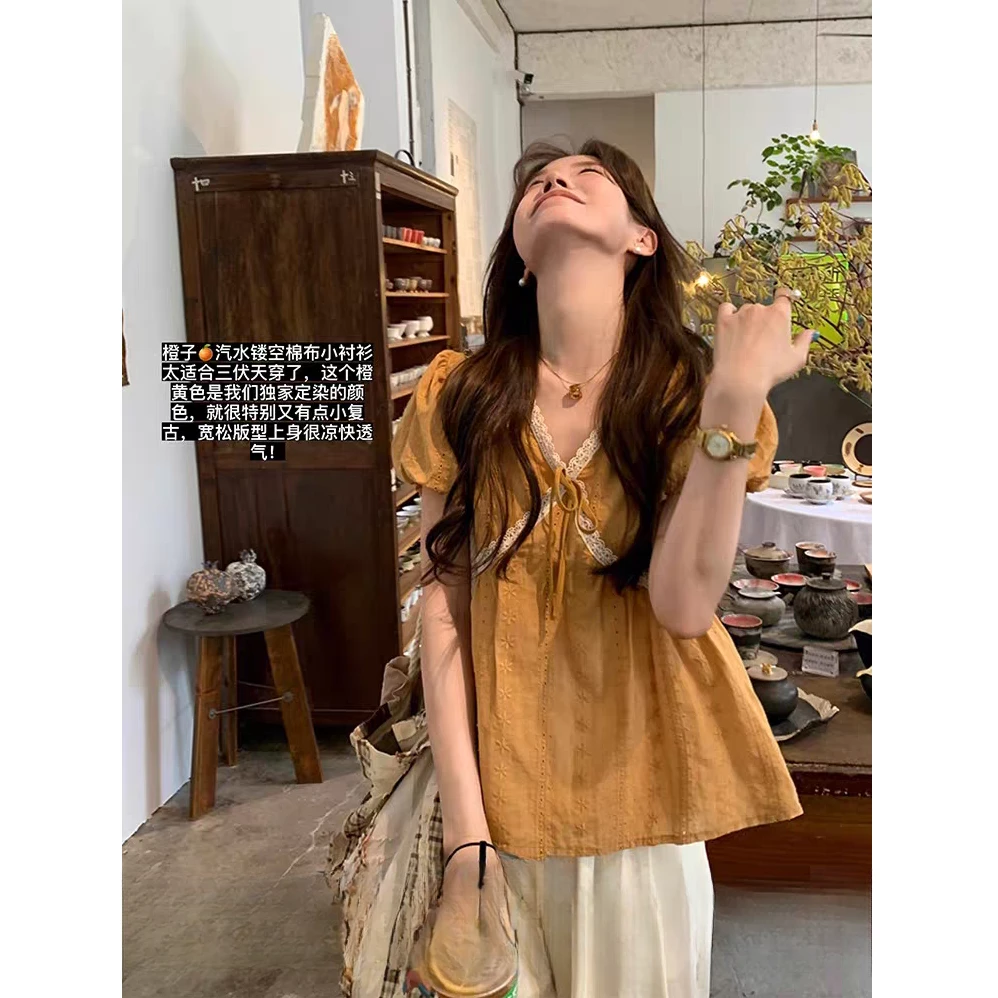 2025夏季新款设计感小众蕾丝镂空泡泡袖甜美短款短袖衬衫上衣8230