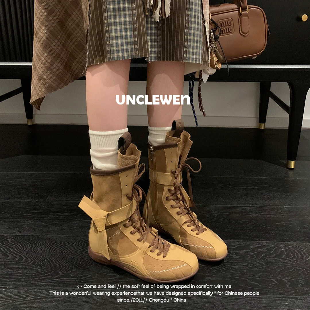 【甜甜专属】马丁靴2025小众西部靴美拉德绑带中筒靴内增高拳击靴女