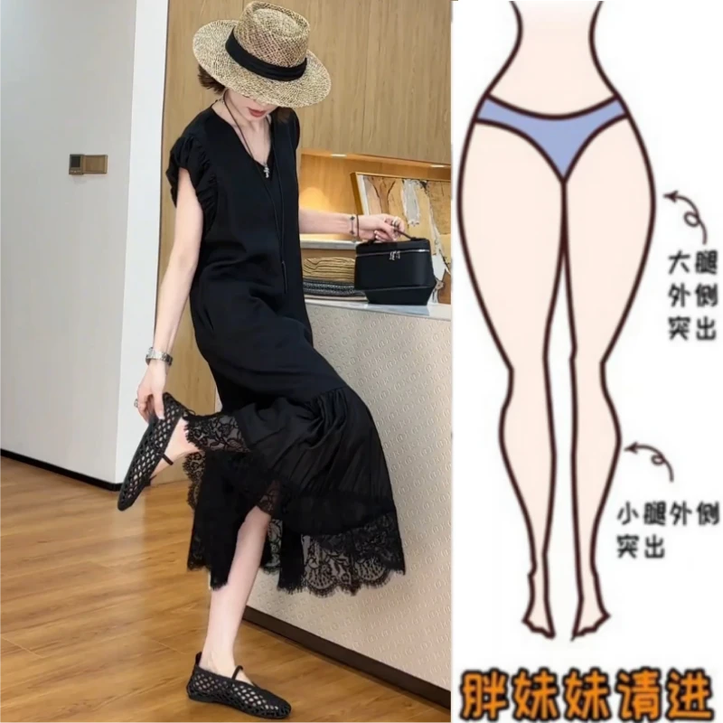 夏季薄款后背蝴蝶结设计感新款静奢慵懒风休闲蕾丝拼接花边连衣裙