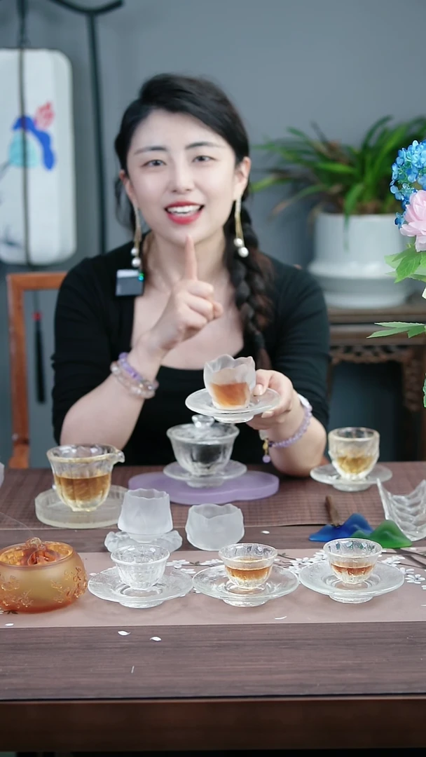 茶盏古法琉璃花朵造型瘦高磨砂茶杯