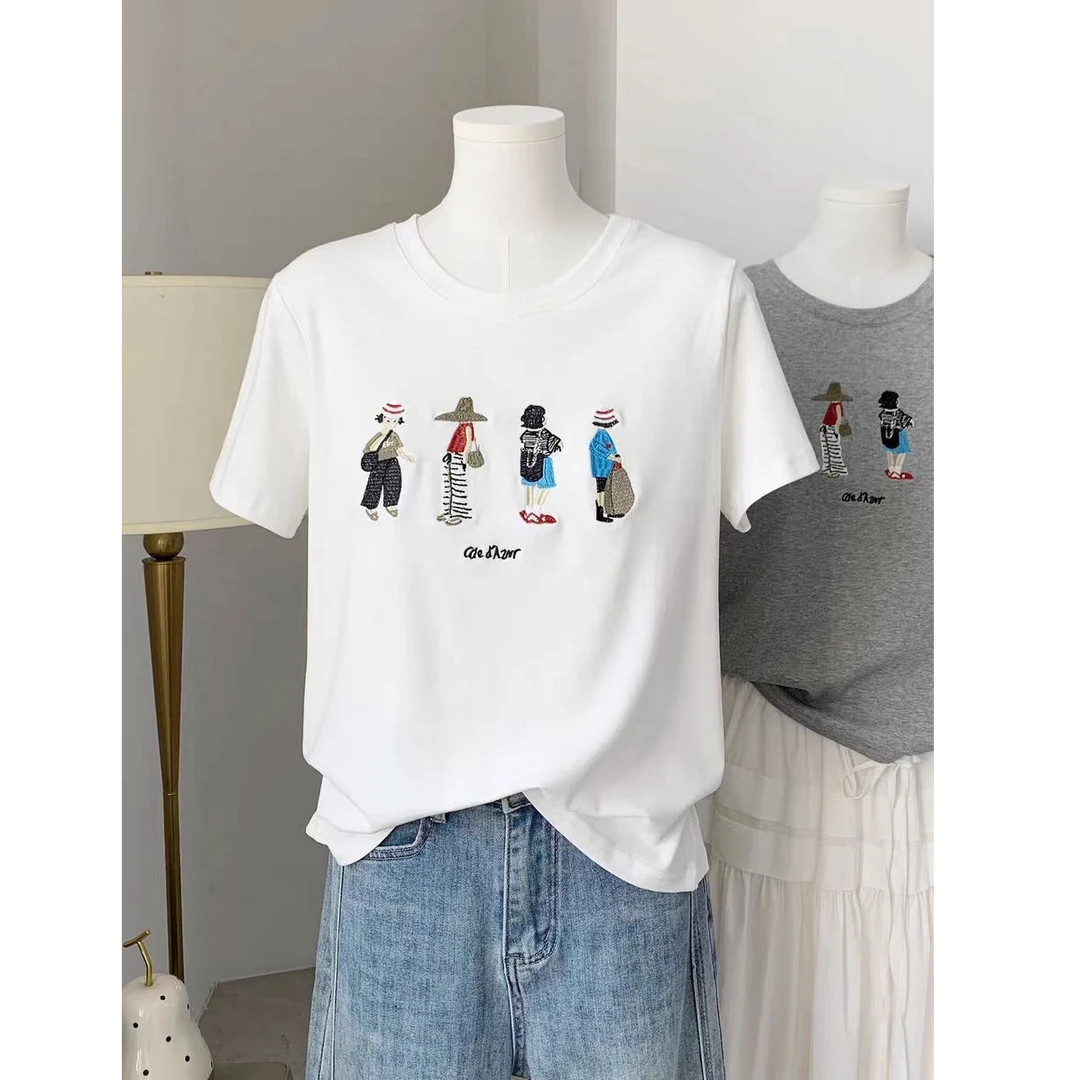 卡通字母刺绣短袖白色棉T恤衫女夏季新款圆领休闲小个子半袖上衣