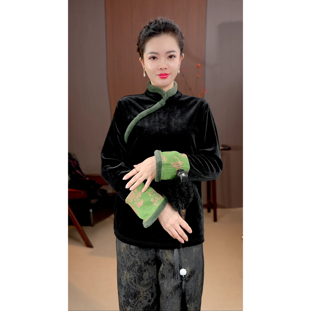 【竹间暖墨】一缎香云新中式国风复古毛毛拼接丝绒加绒女上衣412