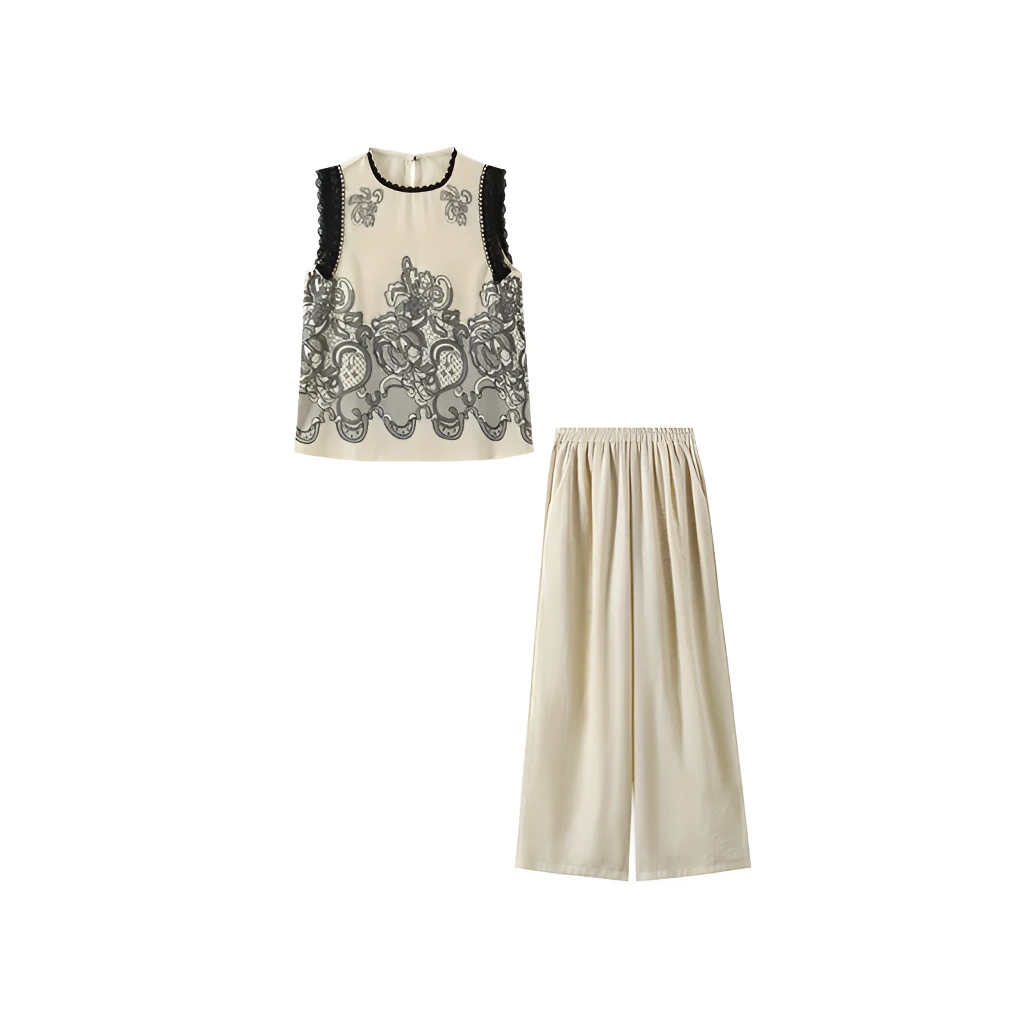 3395【衣长62裤长100】高级感重工勾花圆领无袖女夏季休闲裤一整套