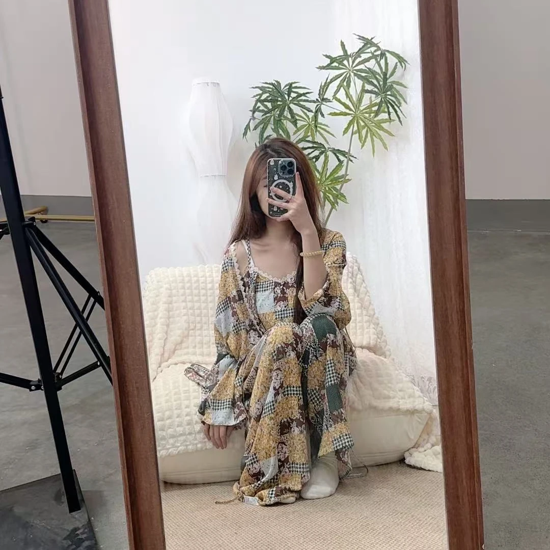 花筵笑2025新款睡衣棉绸款三件套上新