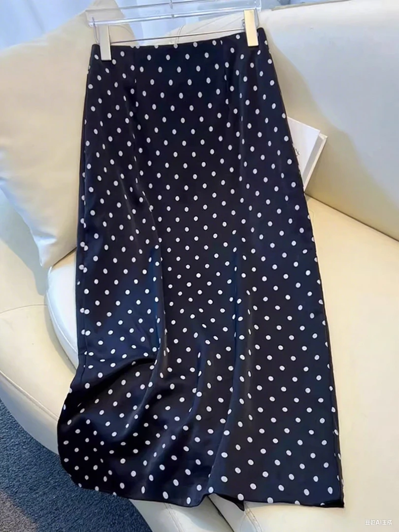 黑色波点醋酸缎面半身裙女夏季薄款大码小个子新款冰丝百搭a字裙
