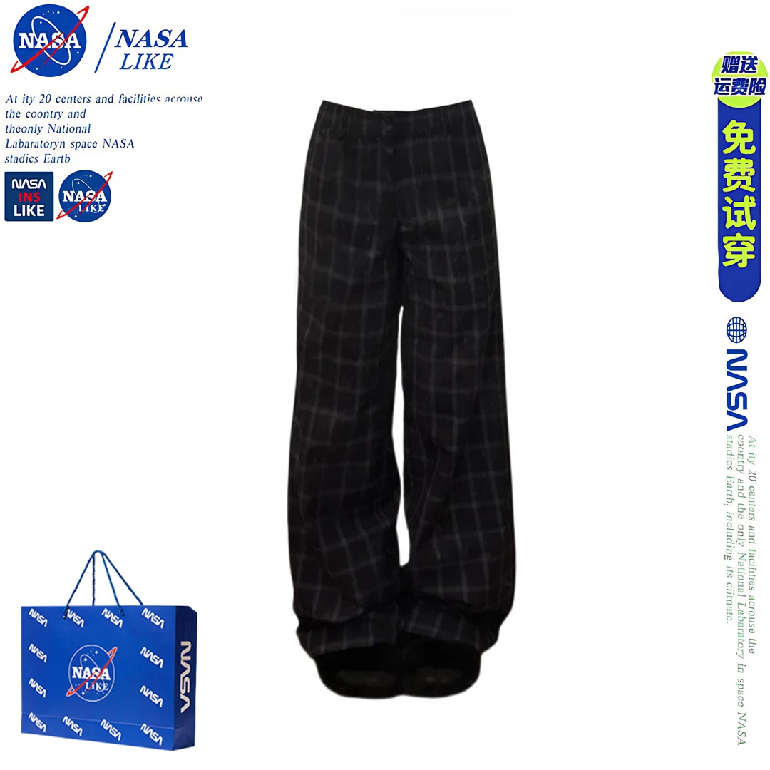 NASA微胖mm低腰美式复古格纹休闲西裤女秋显瘦直筒百搭阔腿长裤子