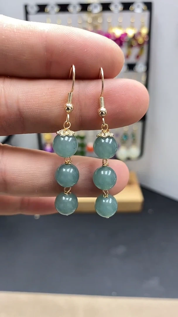 【闪购商品】翡翠耳饰银S925镀金镶嵌连珠尺寸8mmQ1