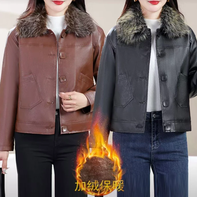 秋冬女款八排扣加绒加厚气质皮衣外套