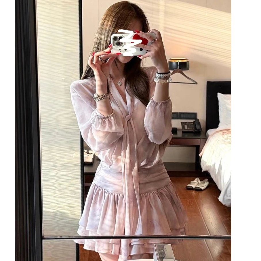法式气质长袖雪纺连衣裙女夏季绑带v领收腰短裙温柔风显瘦a字裙子