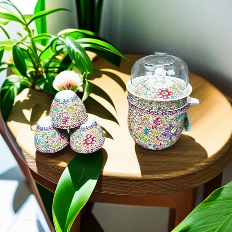 高端茶具粉珐琅缠枝莲旅行套@262lm