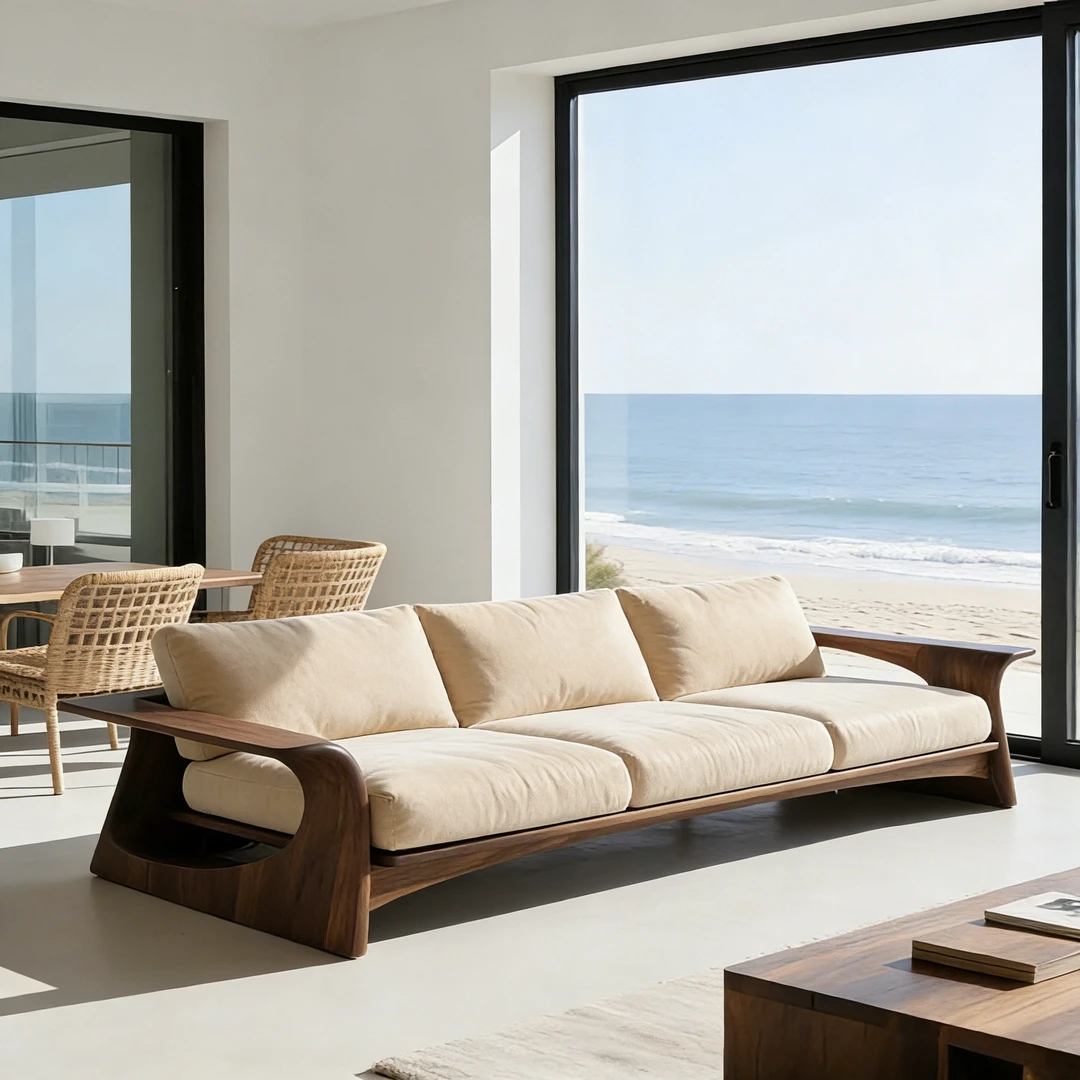 新中式高端实木沙发客厅直排布艺三人位高端黑胡桃木宋氏美学沙发