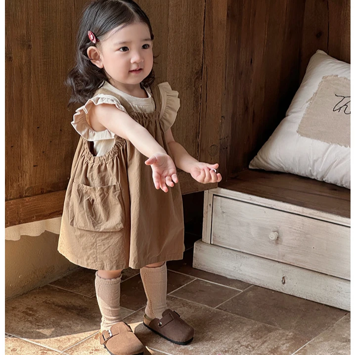 女童全棉A类套装夏季新品韩系飞袖背心时尚工装背带裙宝宝两件套