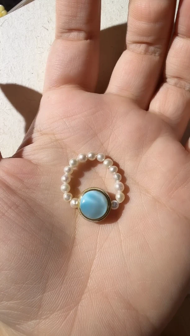 银S925镀金镶嵌针钠钙石（海纹石）戒指海纹石戒指