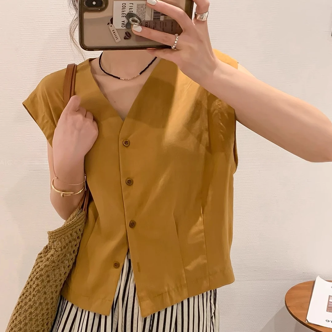 1153黄色纯棉无袖V领衬衫女夏季新款韩系时尚休闲百搭上衣女士