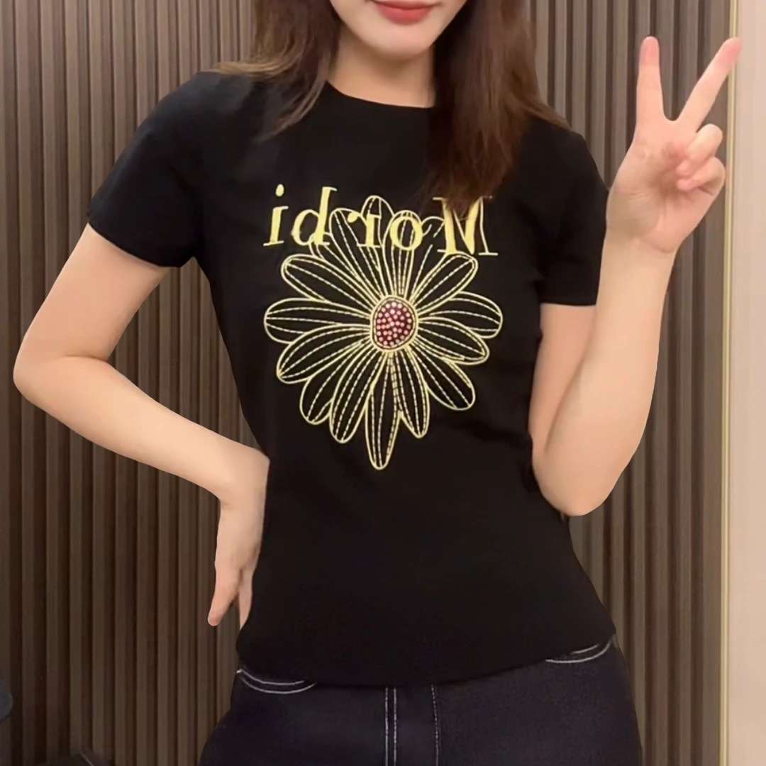 【小雏菊刺绣】2025新款时尚圆领休闲简约百搭ins黑色短袖T恤夏季