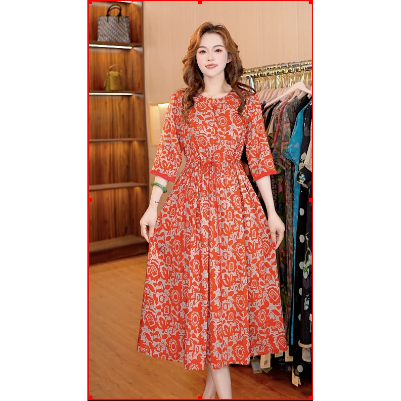 7861-12红云段定制胭脂红舒适印花连衣裙