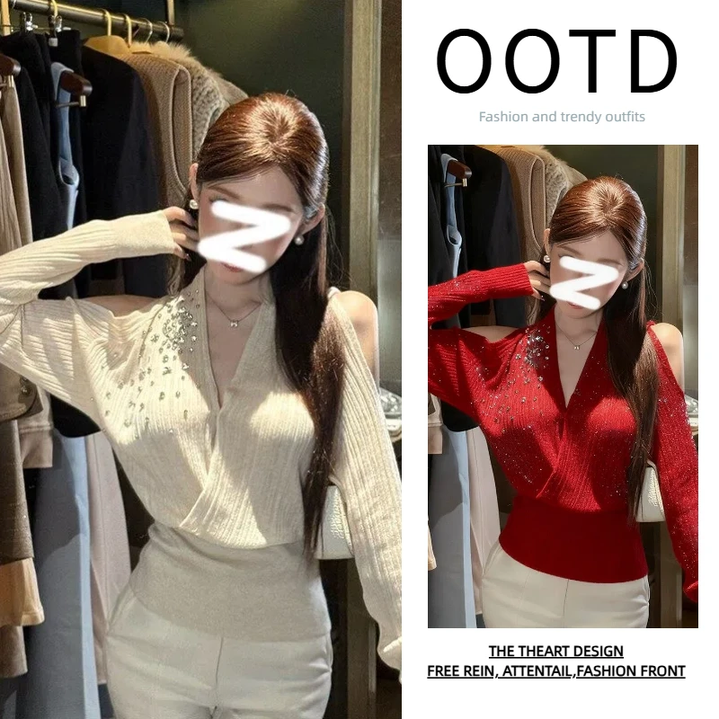 设计感重工烫钻交叉纯欲秋冬小众长袖高级感百搭上衣针织衫H10079