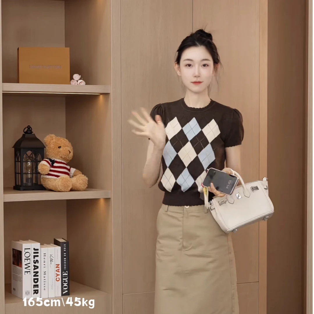 OUDOCKEE 鸥鸥【绵羊毛】9格 咖色针织衫短袖格子 H2502X343T