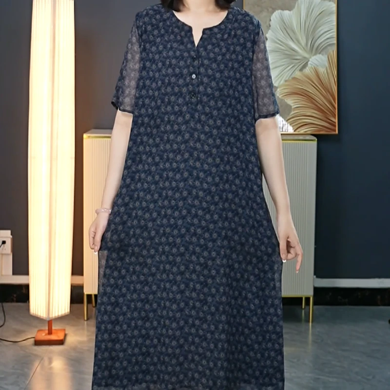 夏季清凉大码女装短袖气质圆领显瘦遮腰连衣裙0124