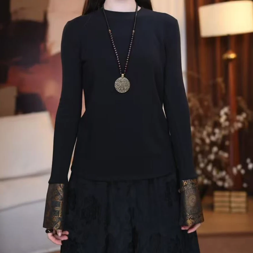 【眷钰】新中式复古显瘦秋冬经典百搭腔调长款休闲打底上衣