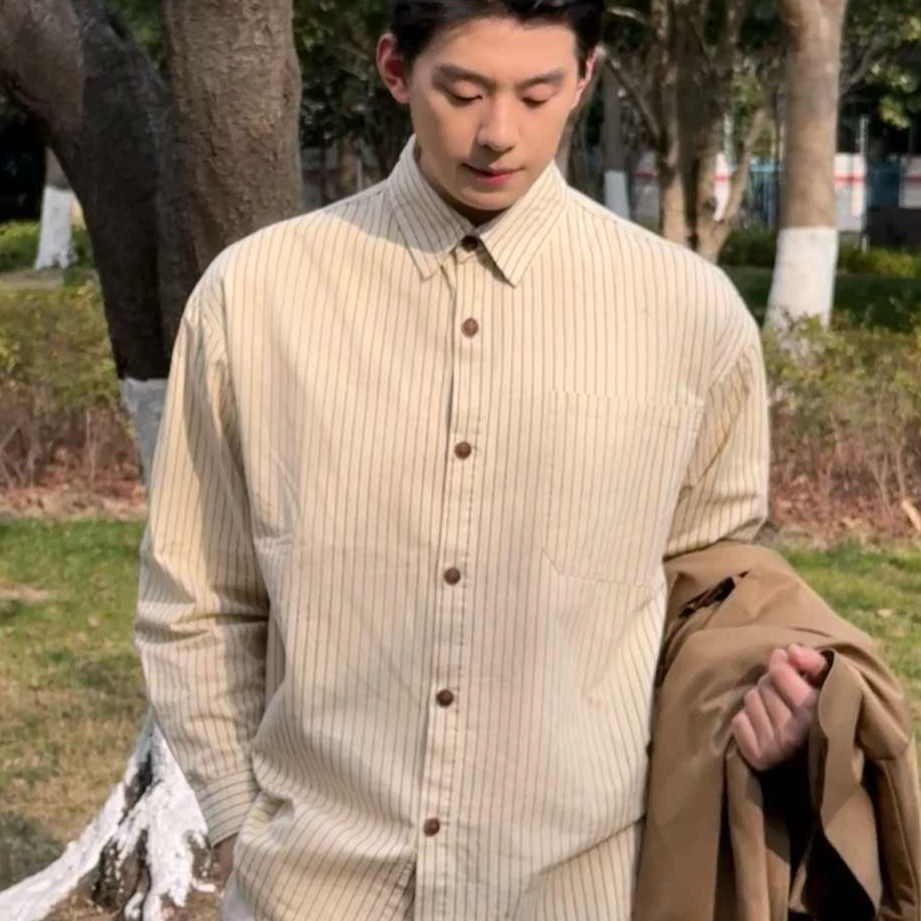 北北babe【美式文艺】复古美式竖条纹长袖衬衫情侣衬衣外套